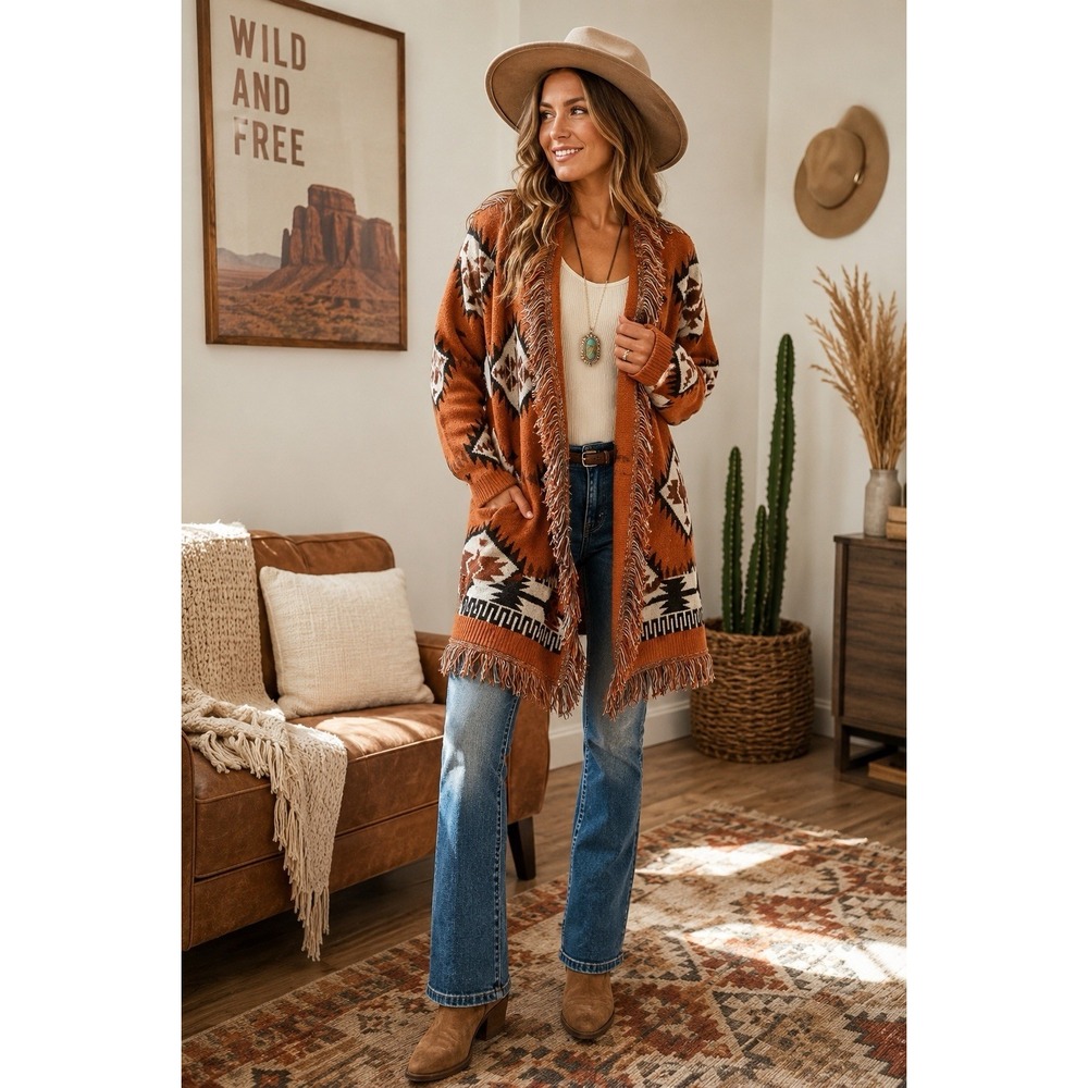 La Miel Southwestern Aztec Fringe Cardigan Small Rust Western Boho Oversized